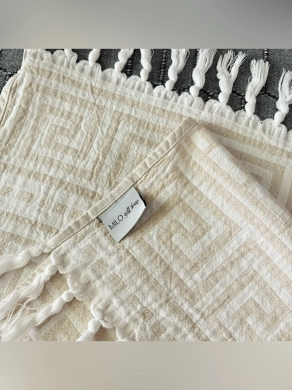 Turkish Cotton Hand Towel Greek Key Beige White Fringe Neutral‎ Fast Drying